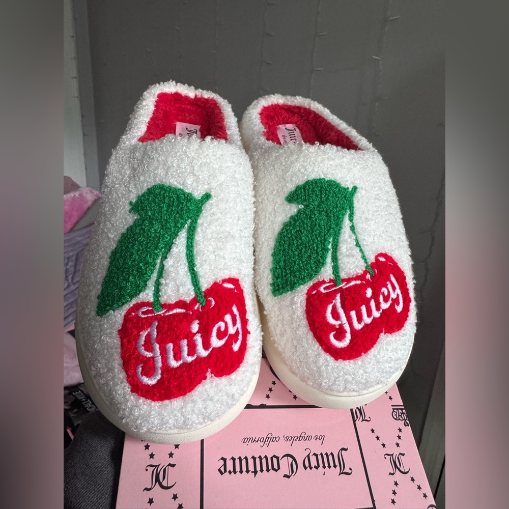 Juicy Couture Cherry Slippers rubber bottom NWT red green white fluffy teddy y2k